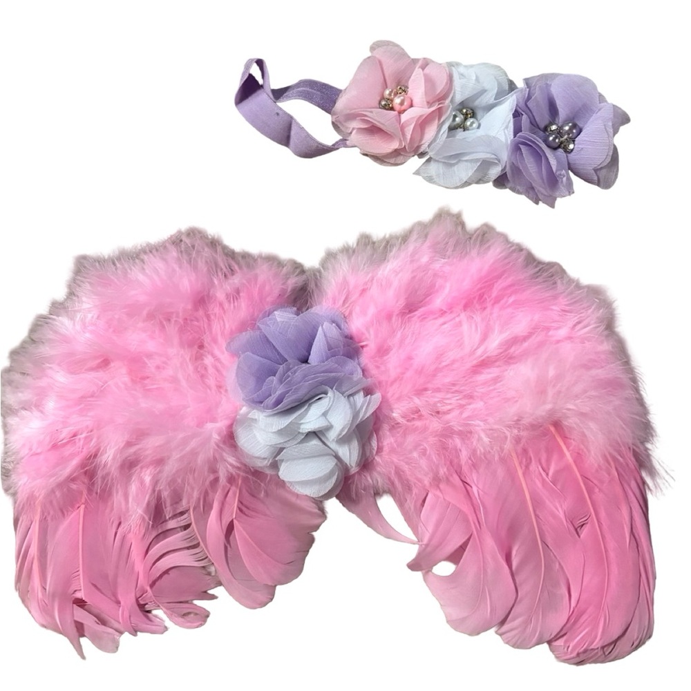 Baby Angel Wings Costume Set | Pink Feather Wings and floral headband newborn